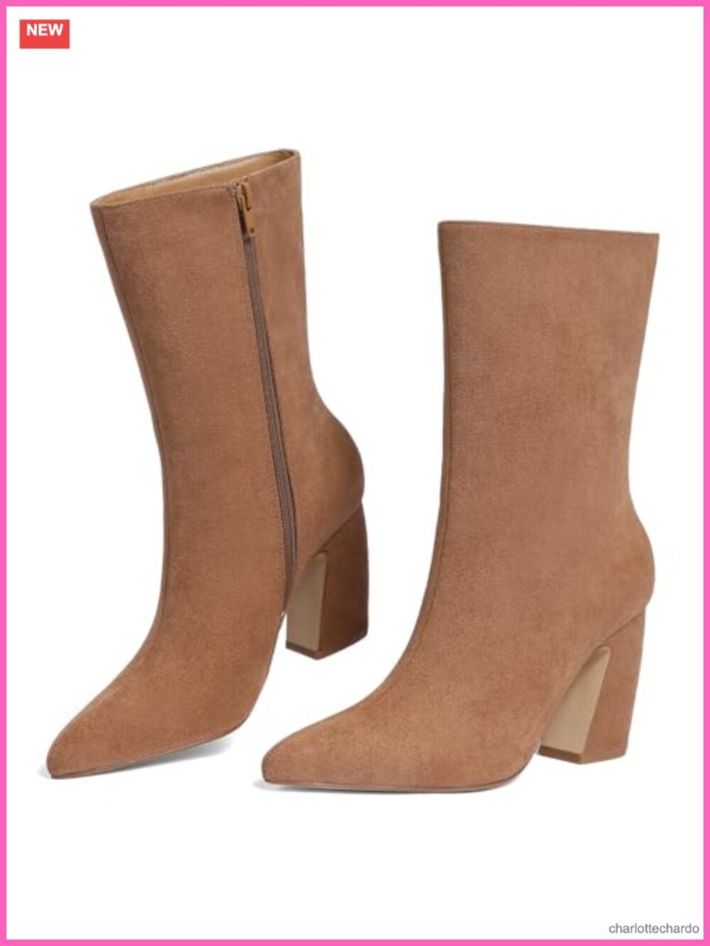 Women's Faux Suede Ankle Booties Chunky Block Heel 3.35" Pointed Toe Zip
